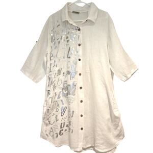 Made in Italy New Collection White Silver Graffiti Linen Shirt Dress Duster